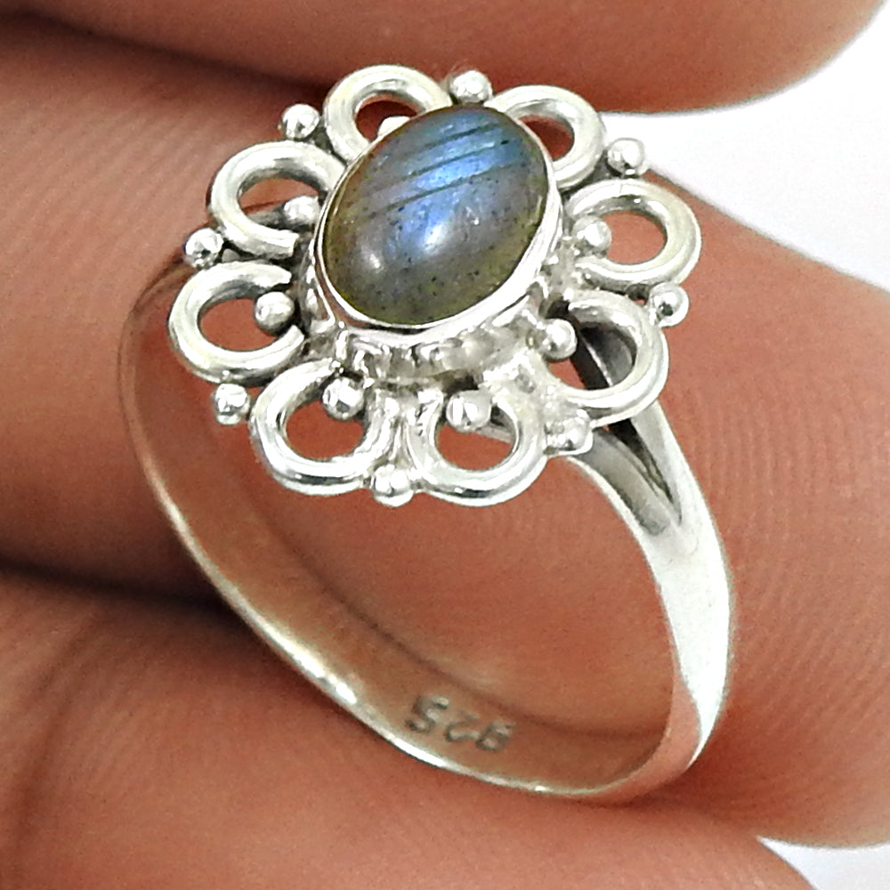 Sterling Silver Oval Labradorite Stone Tribal Art Deco Solitaire Ring