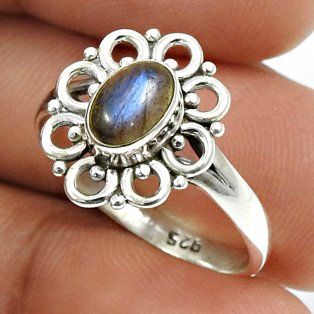 Sterling Silver Oval Labradorite Stone Tribal Art Deco Solitaire Ring
