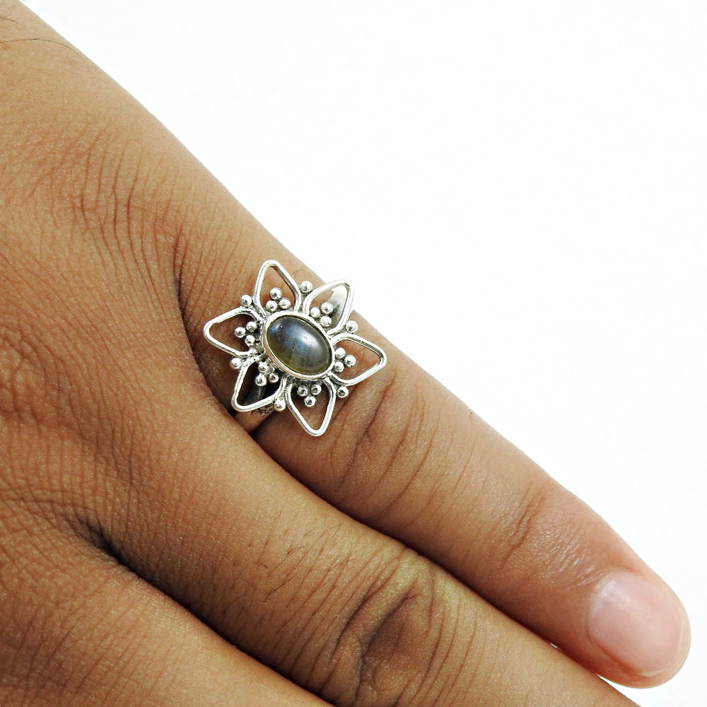 Natural Labradorite Solitaire Tribal Ring 925 Silver For Girls T26