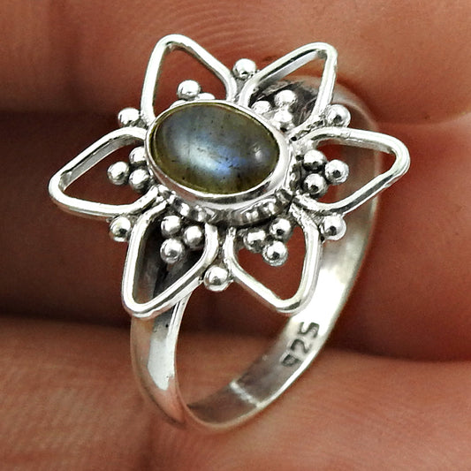 Natural Labradorite Solitaire Tribal Ring 925 Silver For Girls T26