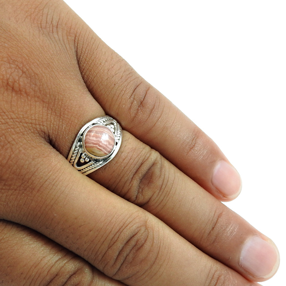 Natural Pink Rhodochrosite Proposal Ring 925 Silver Gift For Women O13