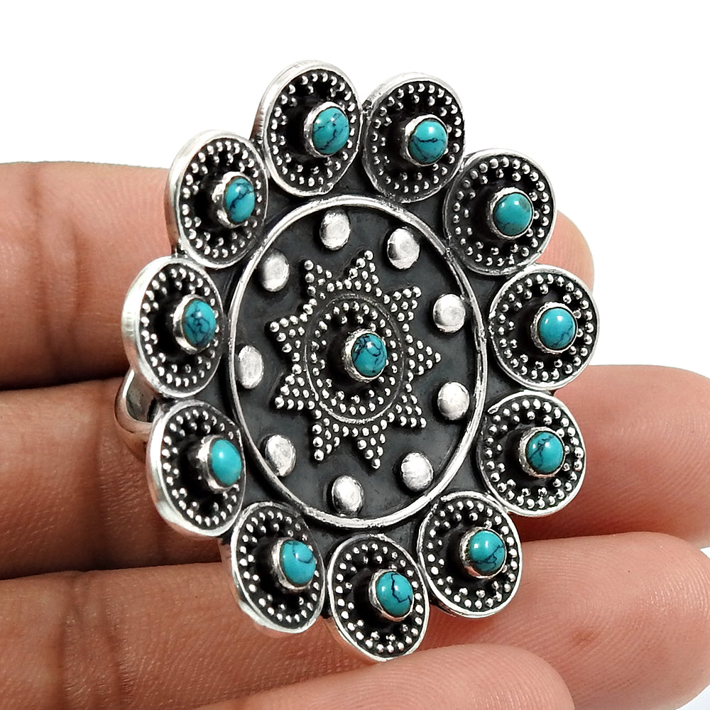 Natural Turquoise Oxidized Artisan Adjustable Ring 925 Silver Jewelry U5