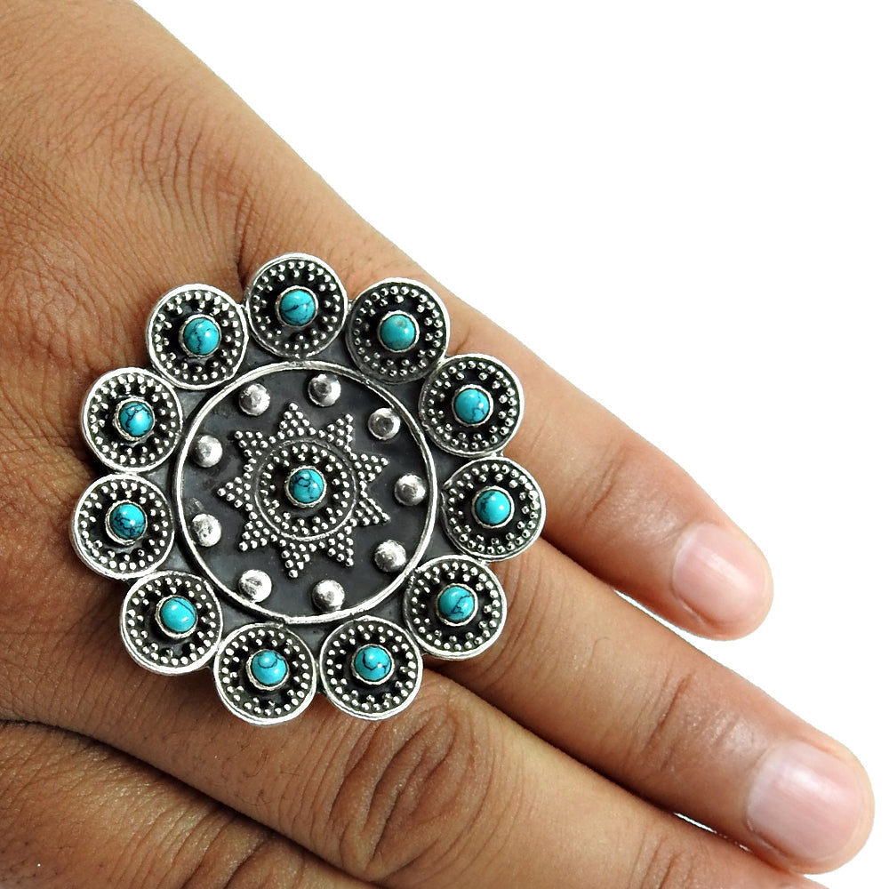 Natural Turquoise Oxidized Artisan Adjustable Ring 925 Silver Jewelry U5