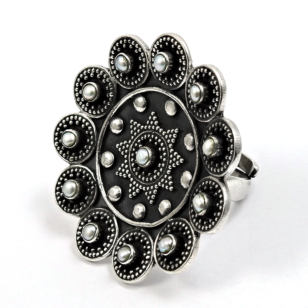 Natural Pearl 925 Silver Antique Look Oxidized Adjustable Ring For Girls Y7