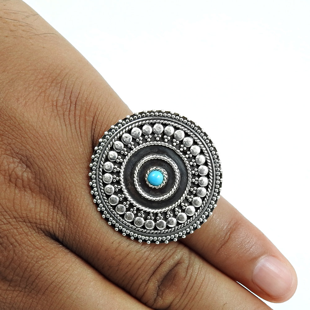 Natural Turquoise Antique Look Oxidized Adjustable Ring 925 Silver For Girls L10