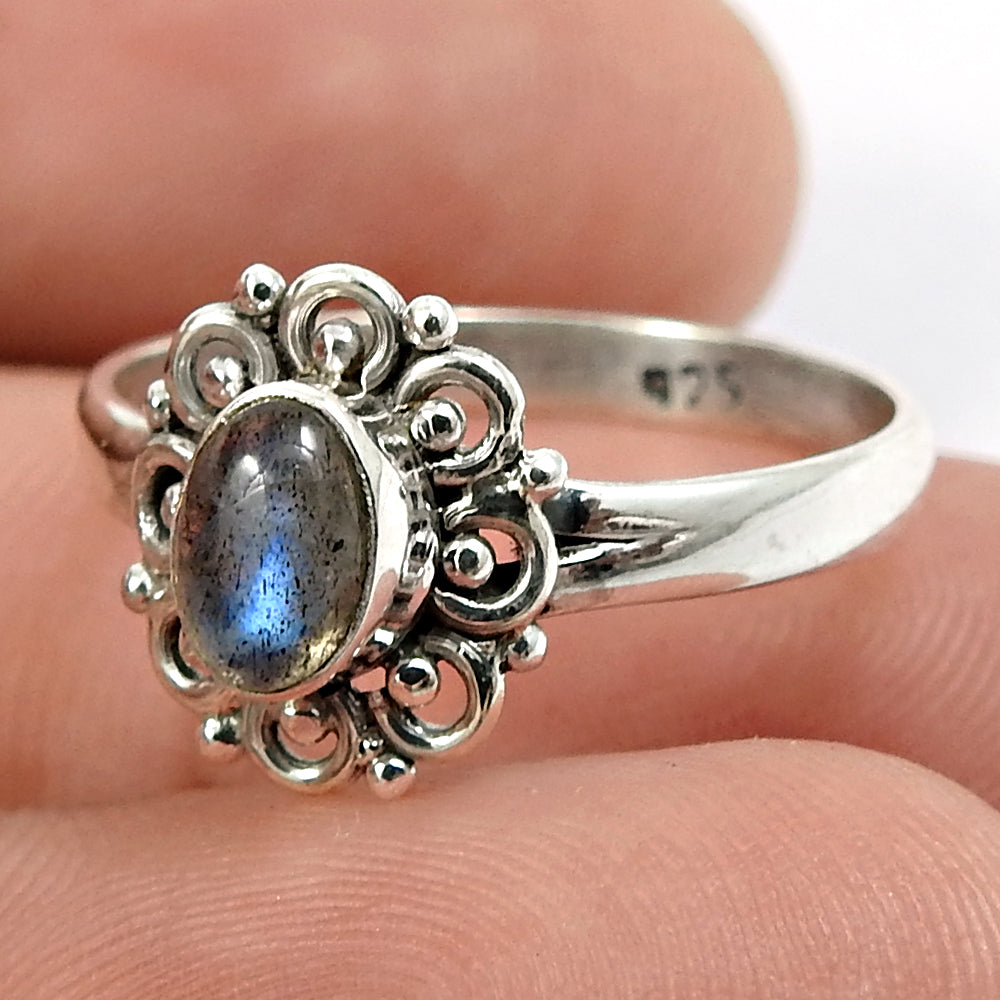 Sterling Silver Oval Natural Labradorite Tribal Solitaire Promise Ring