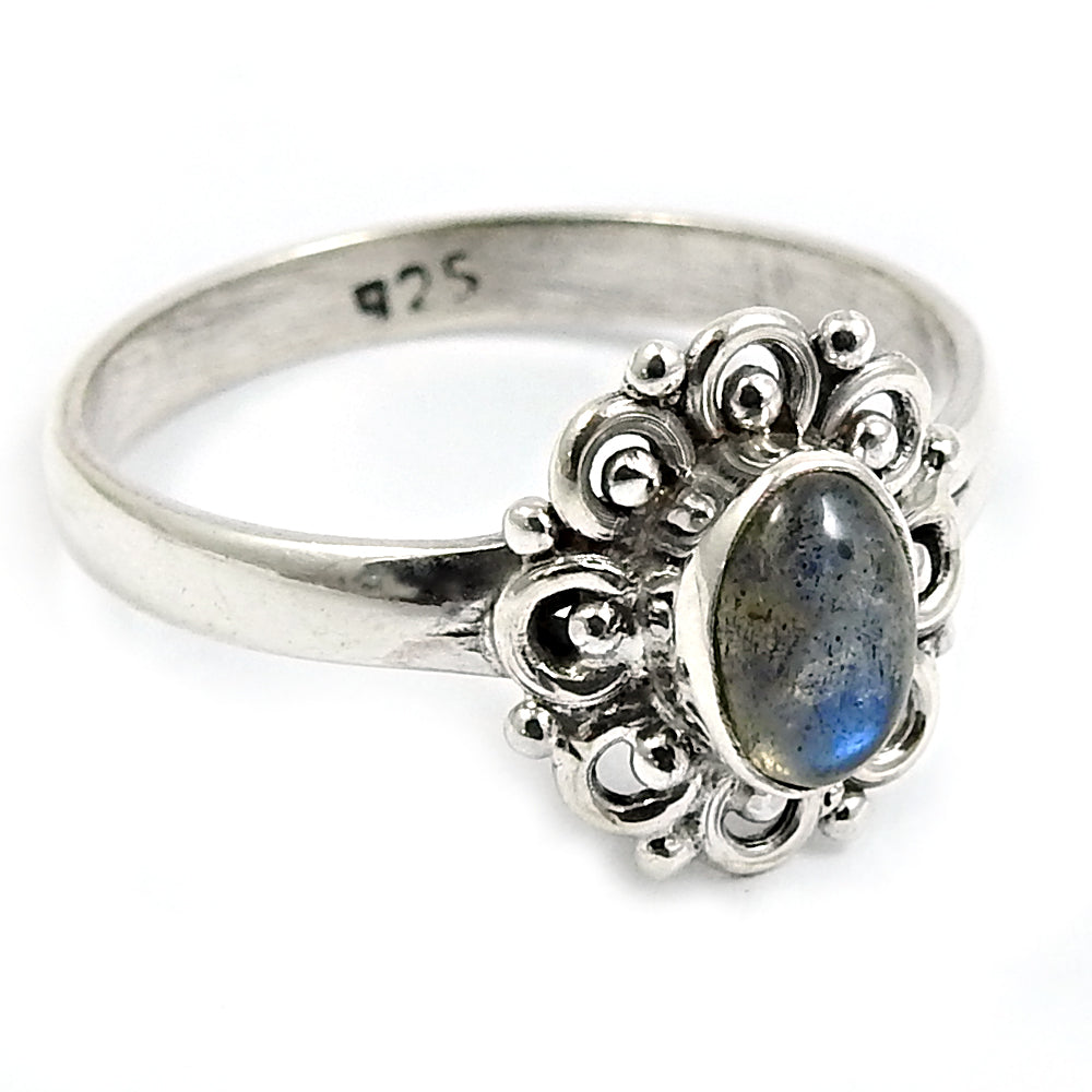 Sterling Silver Oval Natural Labradorite Tribal Solitaire Promise Ring