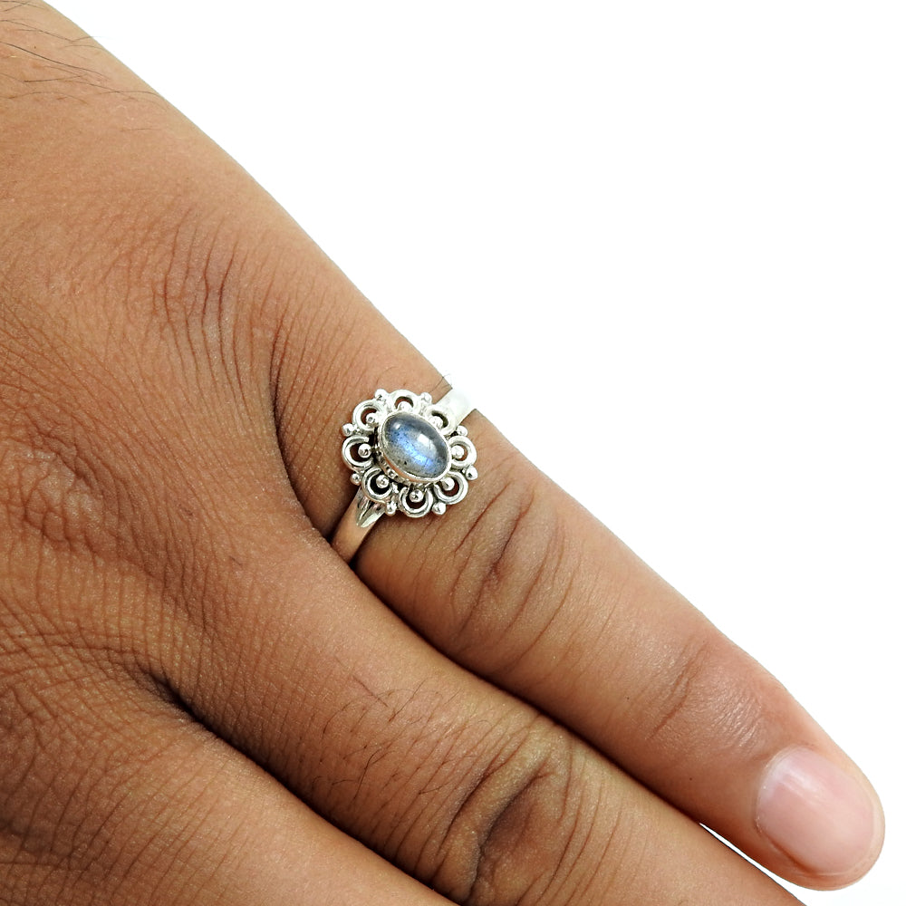 Sterling Silver Oval Natural Labradorite Tribal Solitaire Promise Ring