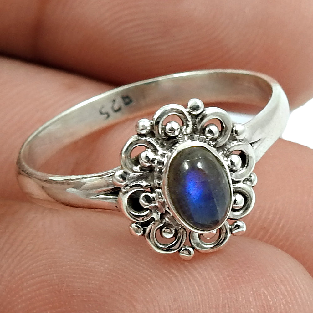 Sterling Silver Oval Natural Labradorite Tribal Solitaire Promise Ring
