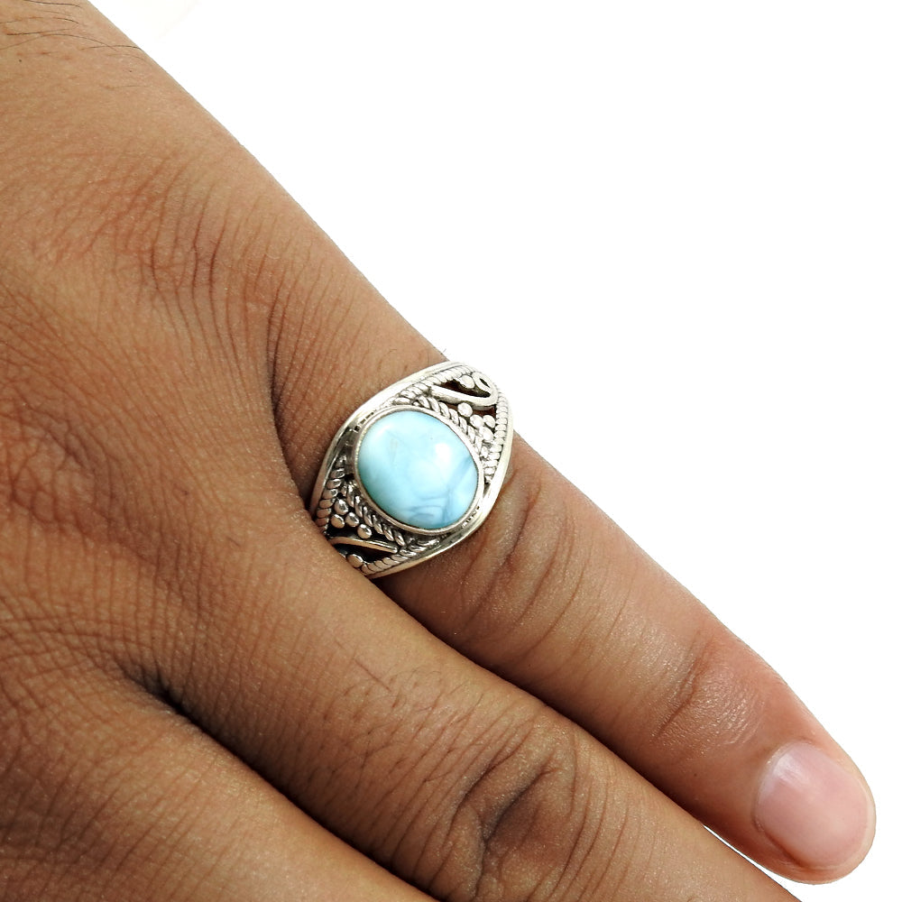 Sterling Silver Natural Larimar Vintage Bezel Statement Birthday Ring