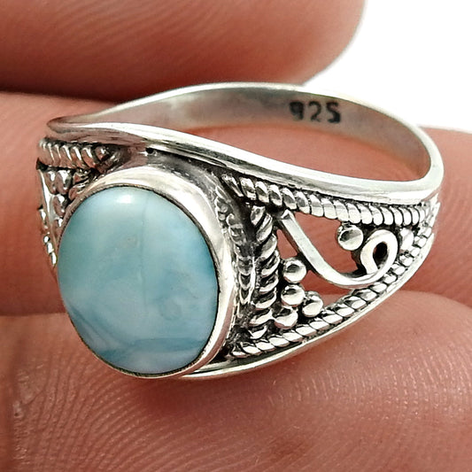 Sterling Silver Natural Larimar Vintage Bezel Statement Birthday Ring