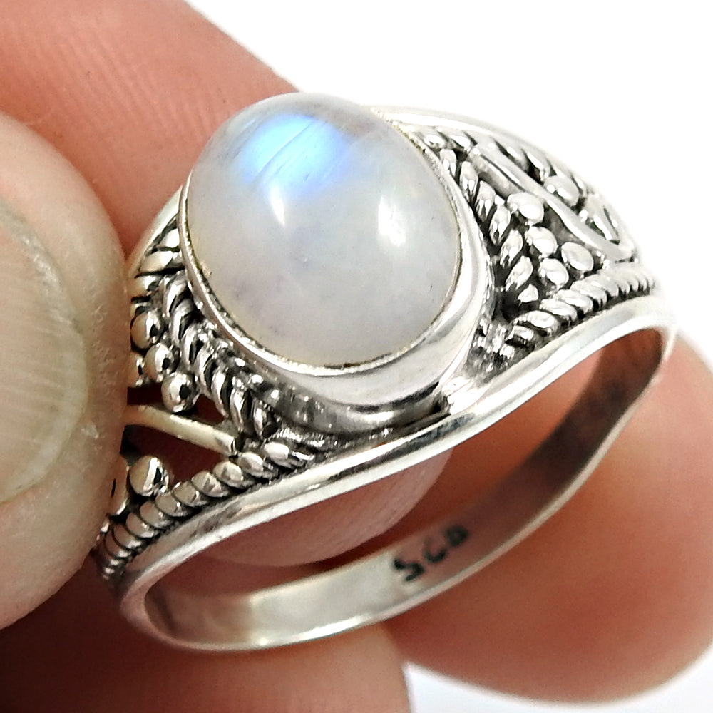 925 Sterling Silver Natural Rainbow Moonstone Statement Vintage Ring K59