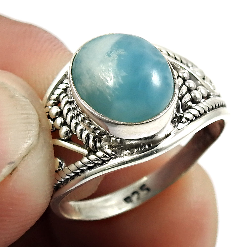 Sterling Silver Natural Larimar Vintage Bezel Statement Birthday Ring