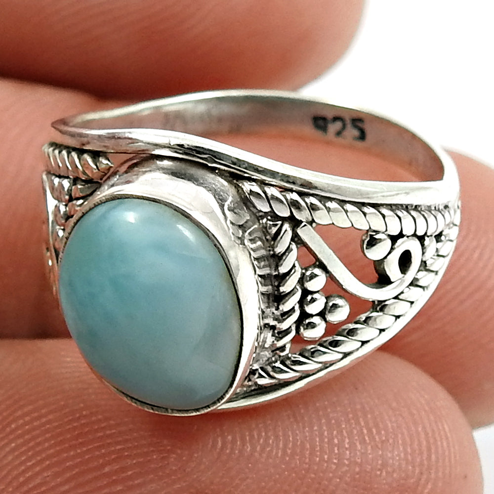 Sterling Silver Natural Larimar Vintage Bezel Statement Birthday Ring