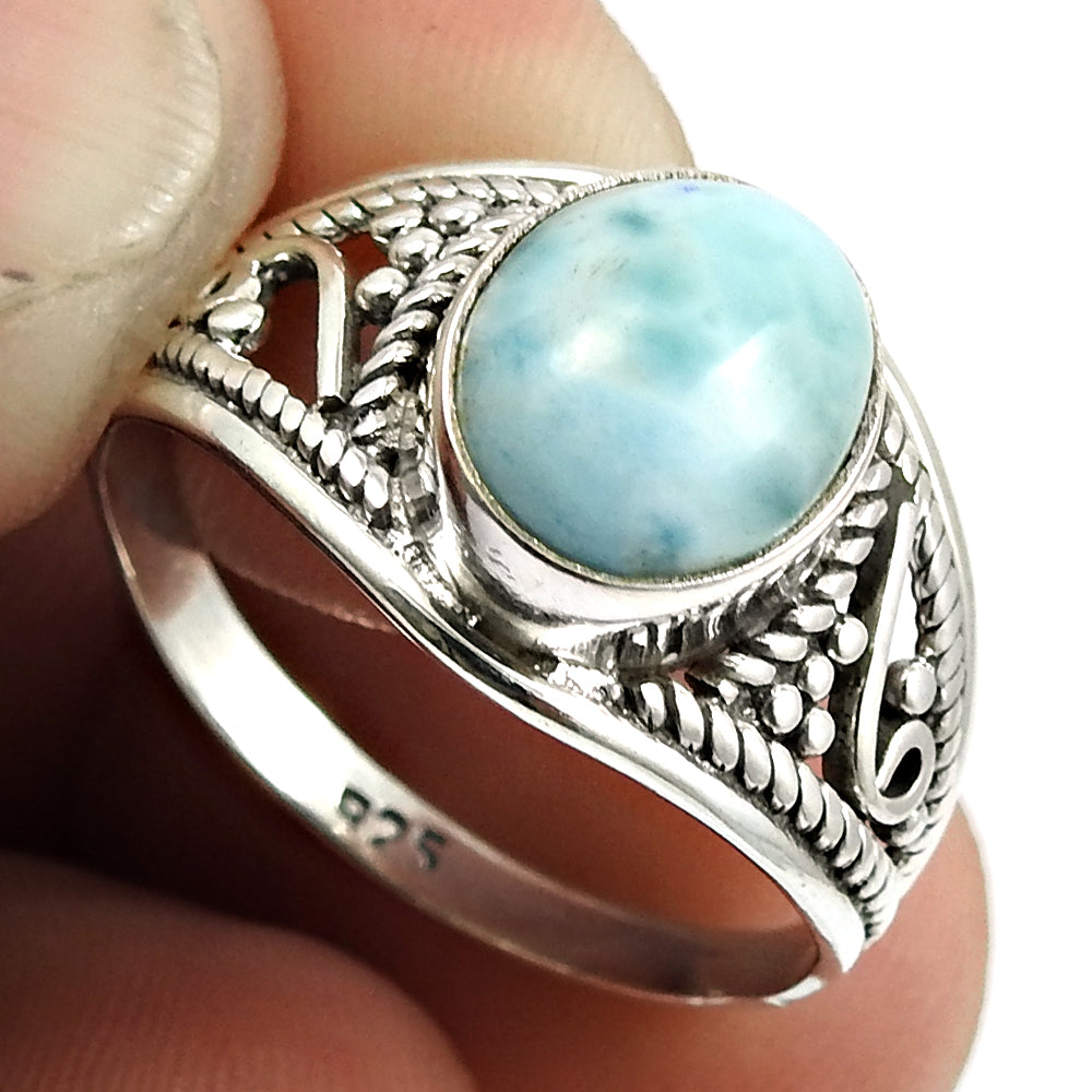 Sterling Silver Natural Larimar Vintage Bezel Statement Birthday Ring