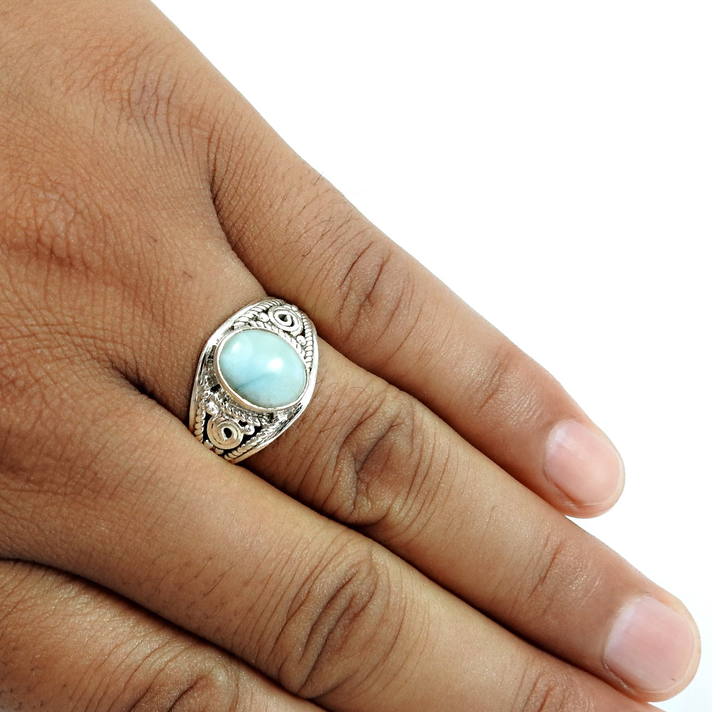Oval Larimar Gemstone Art Deco Bezel Tribal Statement Ring Sterling Silver