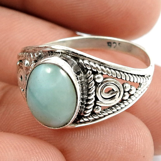 Oval Larimar Gemstone Art Deco Bezel Tribal Statement Ring Sterling Silver