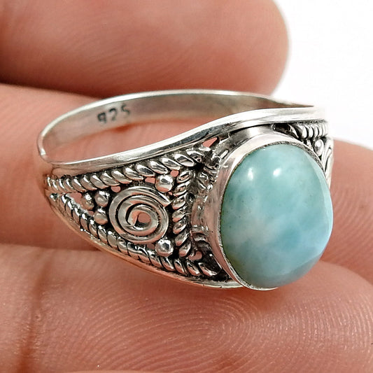 Oval Larimar Gemstone Art Deco Bezel Tribal Statement Ring Sterling Silver