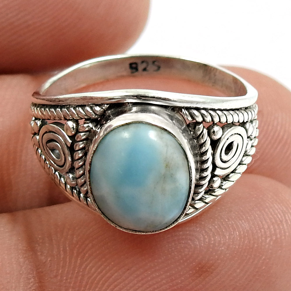 Oval Larimar Gemstone Art Deco Bezel Tribal Statement Ring Sterling Silver