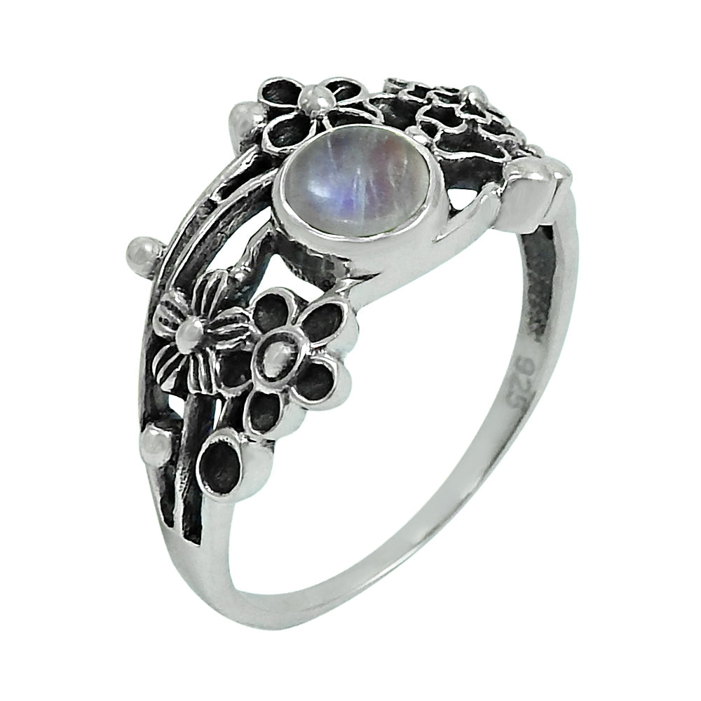 Natural Rainbow Moonstone Gemstone Statement Flower Ring 925 Silver O10