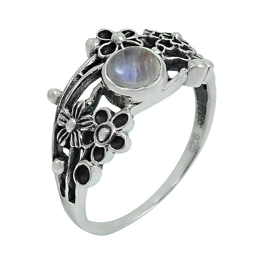 Natural Rainbow Moonstone Gemstone Statement Flower Ring 925 Silver O10