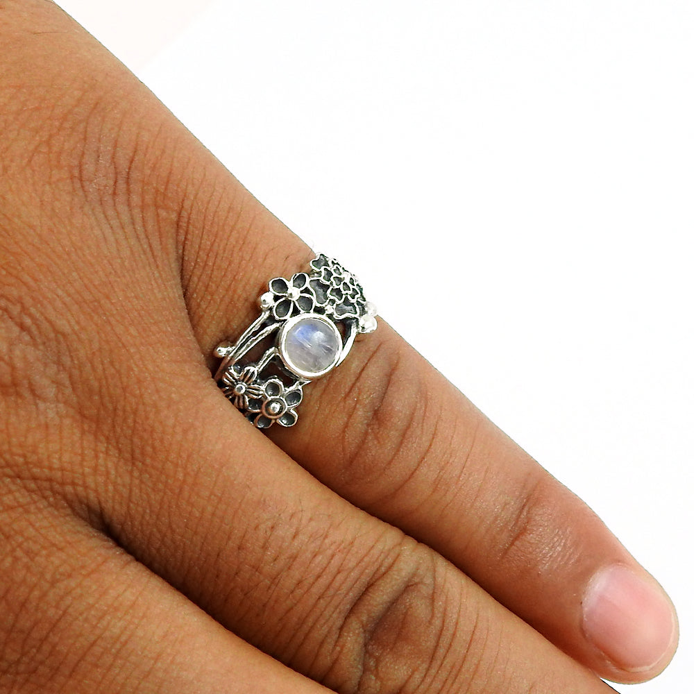 Natural Rainbow Moonstone Gemstone Statement Flower Ring 925 Silver O10