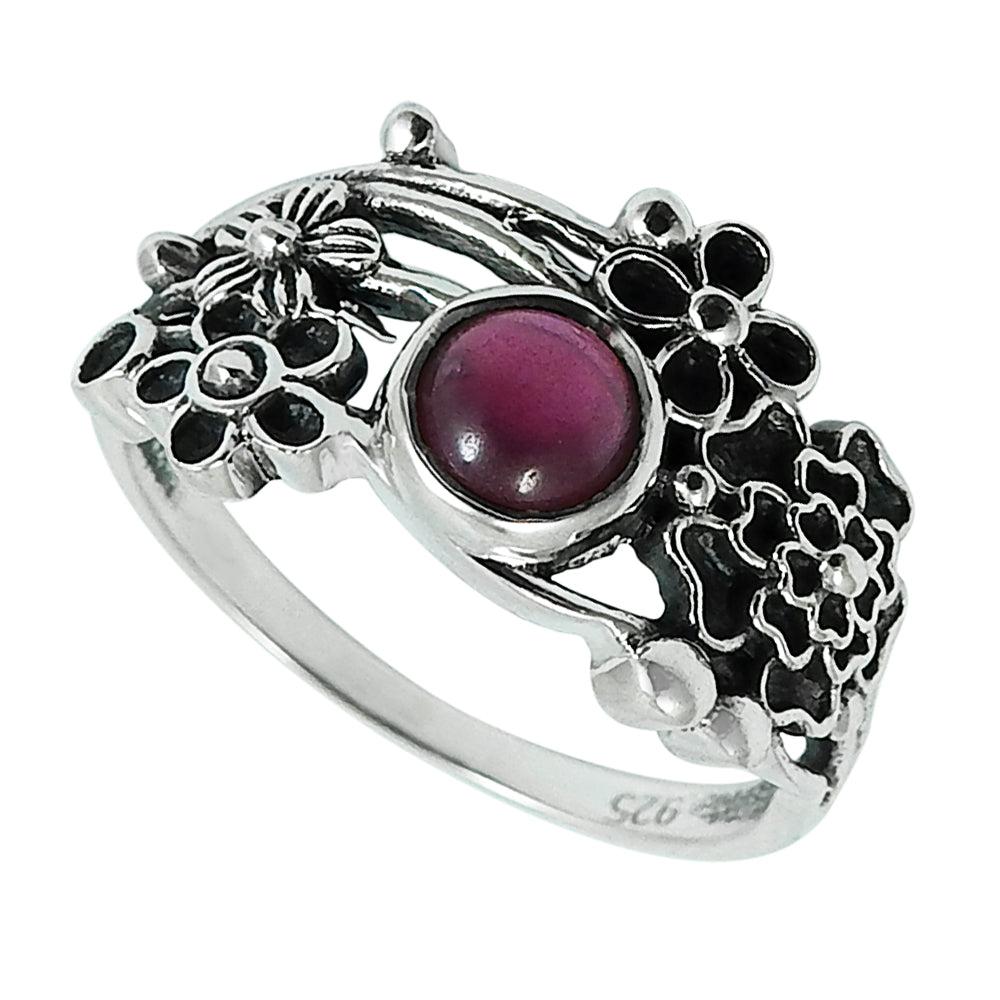 Natural Garnet Gemstone Solitaire Flower Ring 925 Silver For Women T13