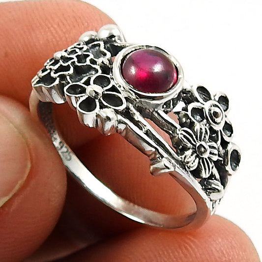 Natural Garnet Gemstone Solitaire Flower Ring 925 Silver For Women T13