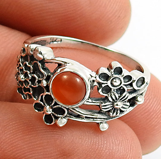 Gift For Woman Solitaire Flower Ring 925 Silver Natural Carnelian U13