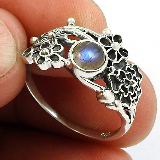 Natural Labradorite 925 Silver Cocktail Flower Ring For Girls E94