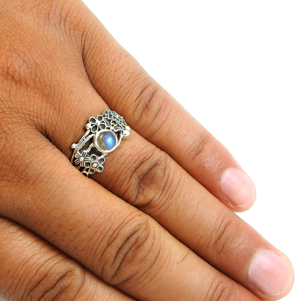 Natural Labradorite 925 Silver Cocktail Flower Ring For Girls E94