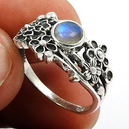 Natural Labradorite 925 Silver Cocktail Flower Ring For Girls E94
