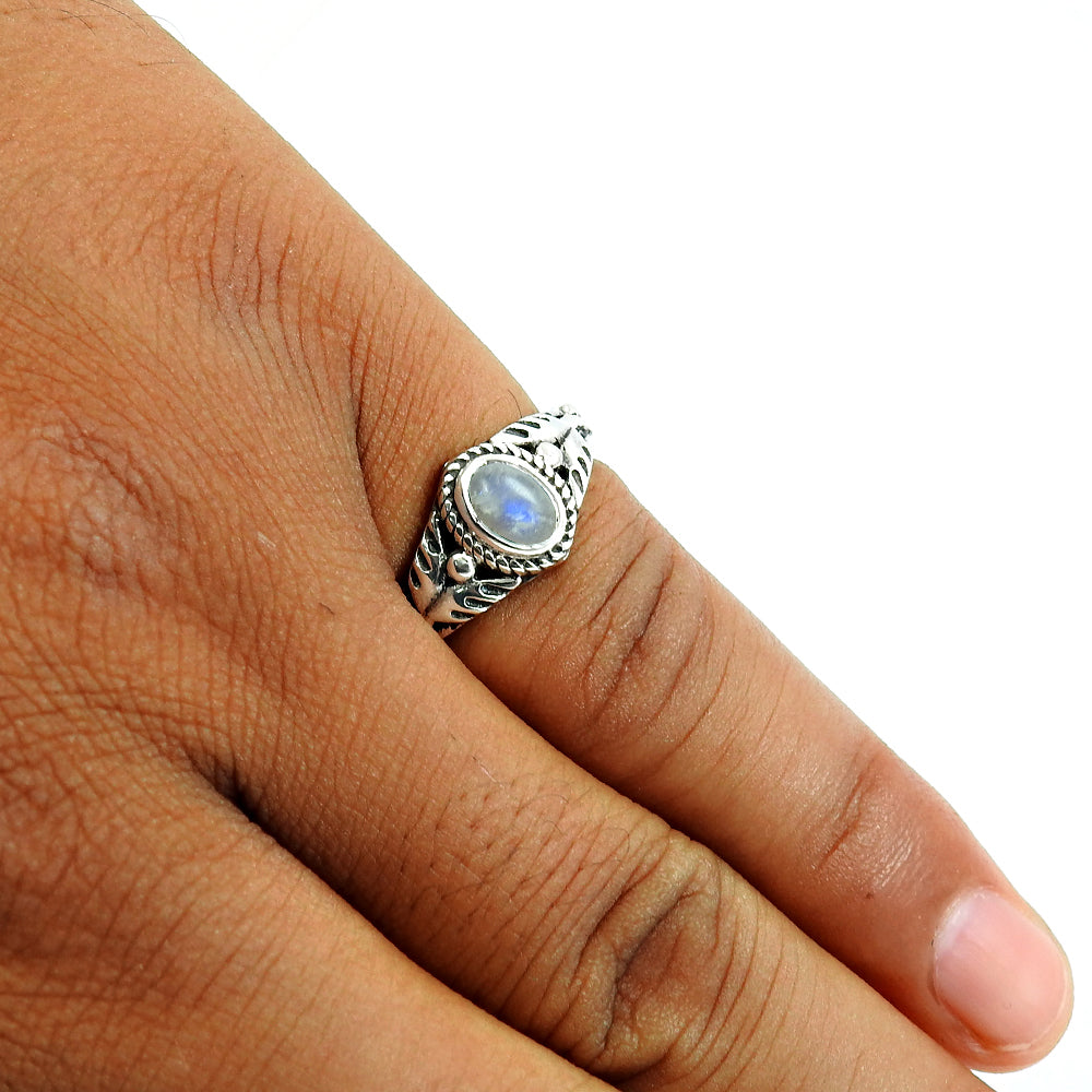 Gift For Her Natural Rainbow Moonstone Solitaire Ring 925 Silver U15