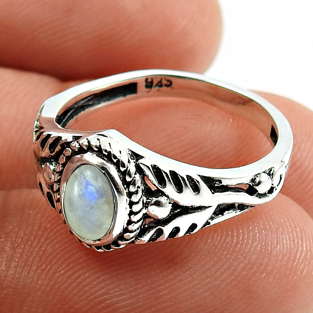 Gift For Her Natural Rainbow Moonstone Solitaire Ring 925 Silver U15