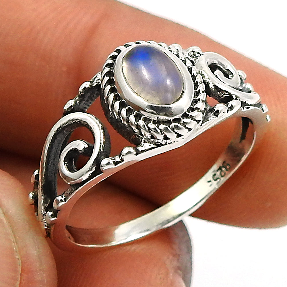 Natural Rainbow Moonstone Statement Boho Ring 925 Silver For Women F1