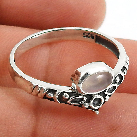 Gift For Woman Natural Rose Quartz Solitaire Crown Ring 925 Silver D11