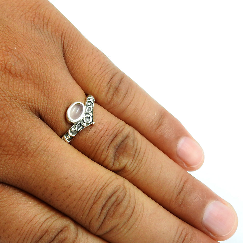 Gift For Woman Natural Rose Quartz Solitaire Crown Ring 925 Silver D11