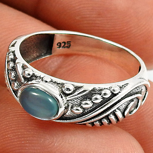 Natural Blue Chalcedony Gemstone Statement Ring 925 Sterling Silver Band