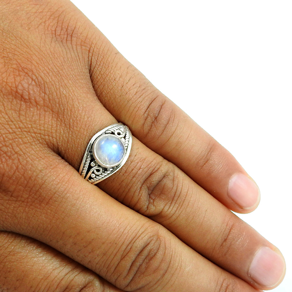 Solitaire Boho Ring 925 Silver Natural Rainbow Moonstone T18