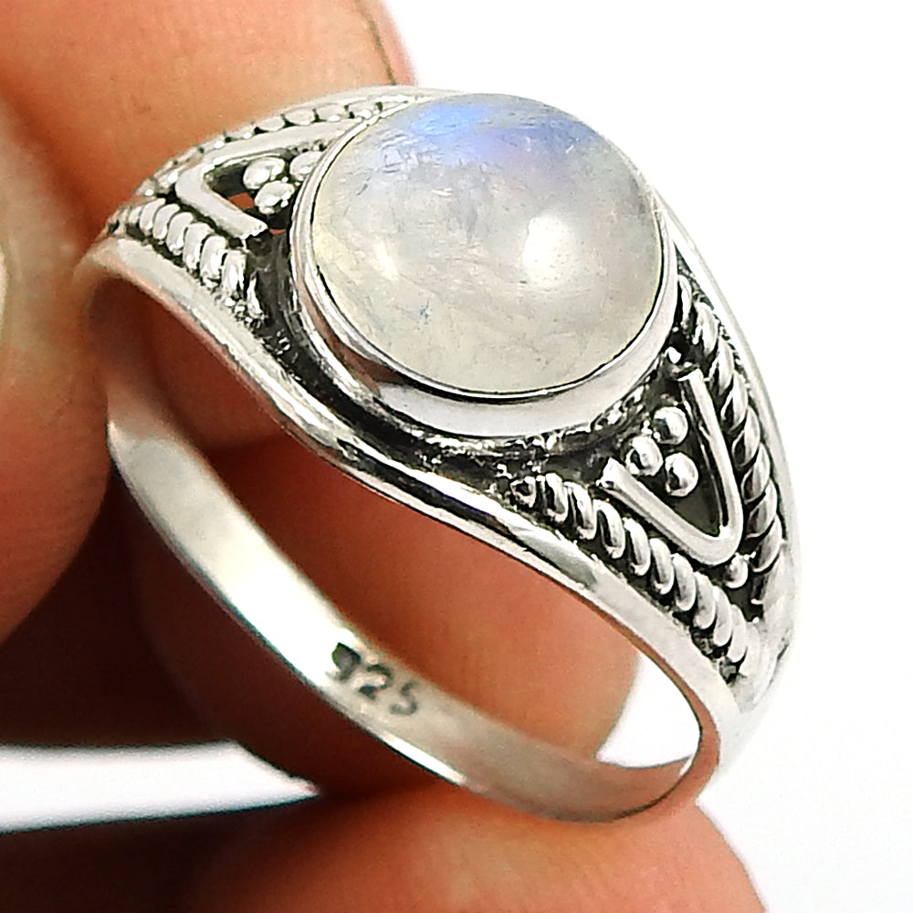 Natural Rainbow Moonstone Gemstone Statement Vintage Ring 925 Silver J1