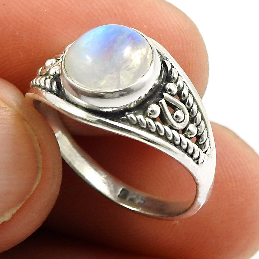 Solid 925 Silver Natural Rainbow Moonstone Party Wear Handmade Ring G6