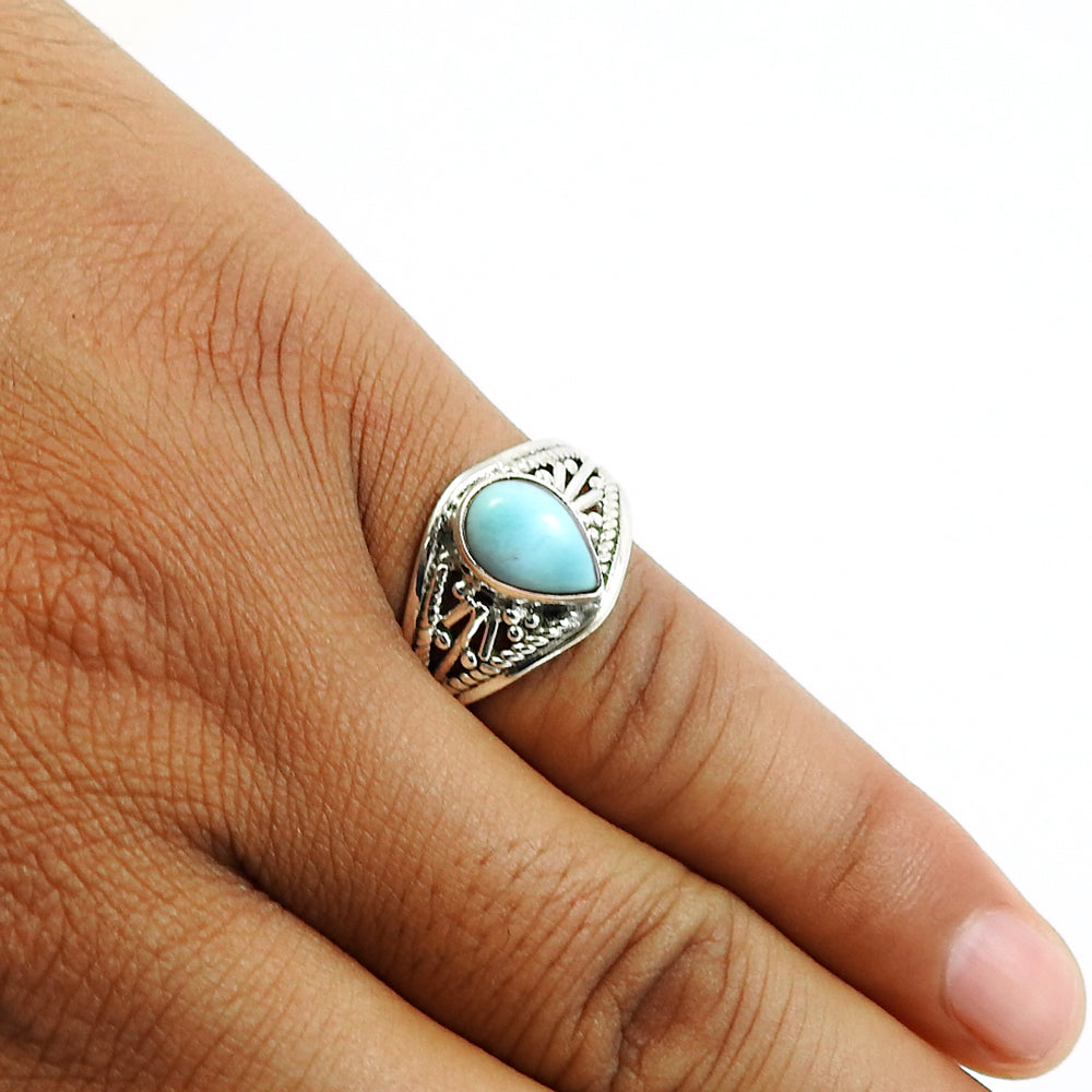 925 Silver Natural Blue Ocean Larimar Gemstone Gorgeous Cocktail Ring M6