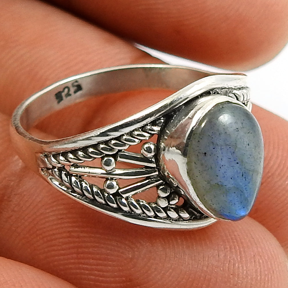 Gift For Woman Natural Labradorite Solitaire Ring 925 Silver L11