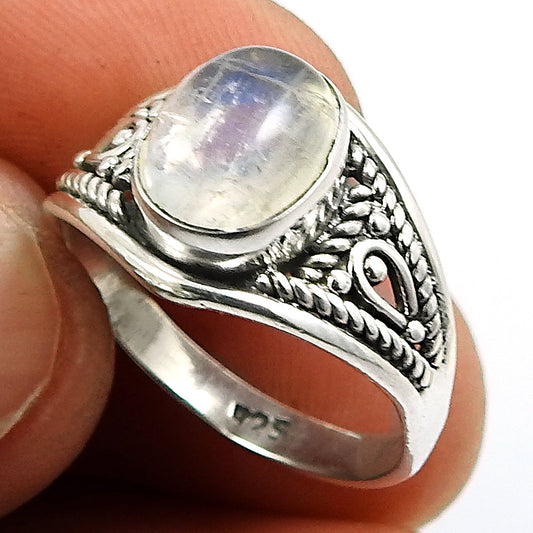 Gift For Her 925 Silver Natural Rainbow Moonstone Cocktail Boho Ring X11
