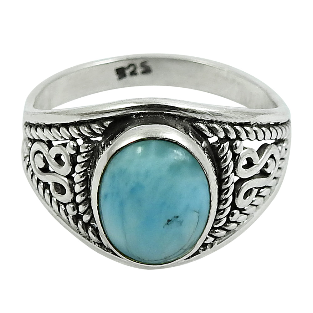 Natural Blue Ocean Larimar 925 Silver Decorated Ring Handmade Jewelry M1