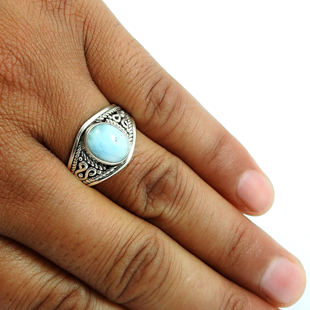 Natural Blue Ocean Larimar 925 Silver Decorated Ring Handmade Jewelry M1
