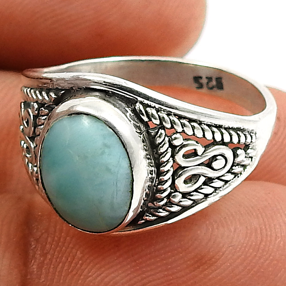 Natural Blue Ocean Larimar 925 Silver Decorated Ring Handmade Jewelry M1