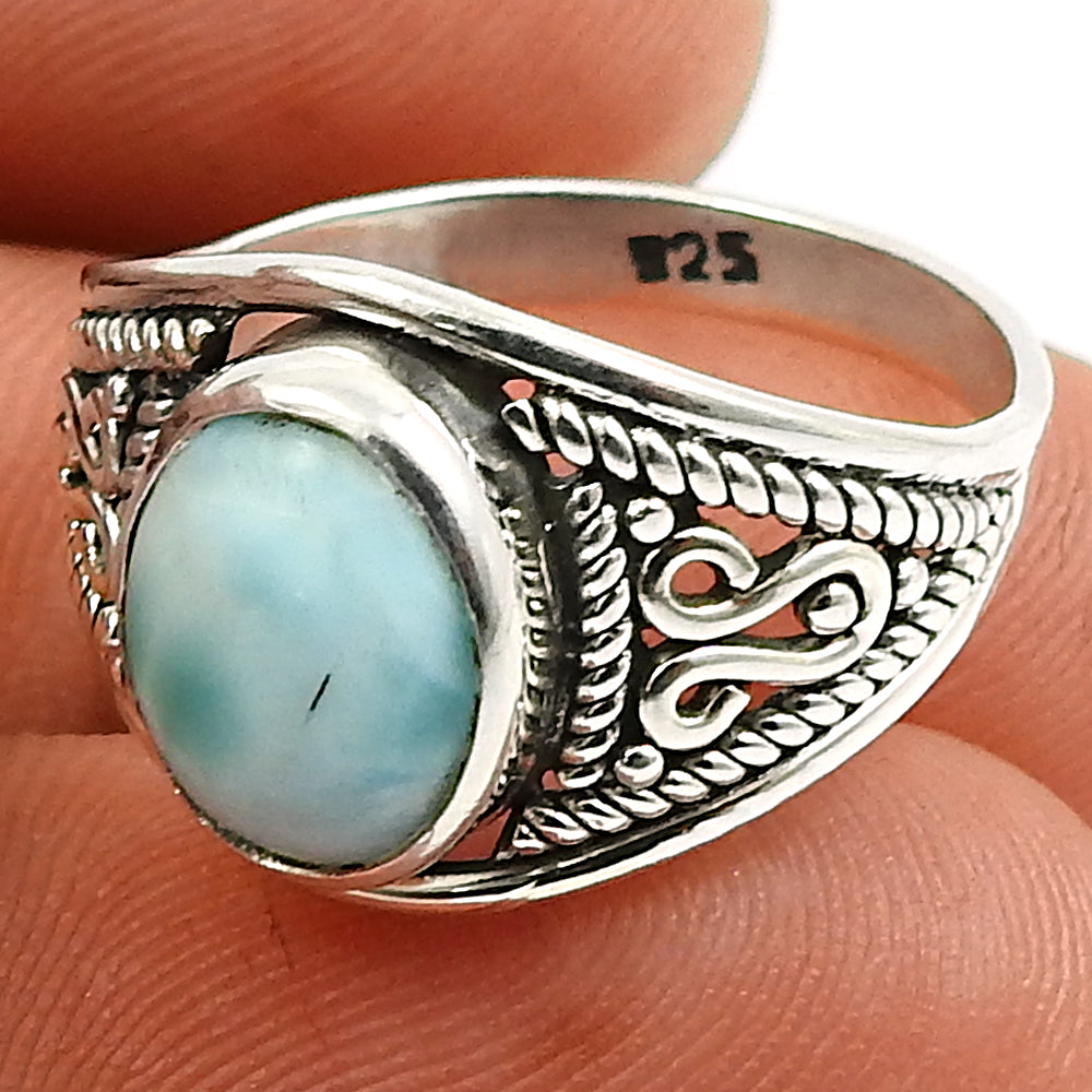 Natural Blue Ocean Larimar 925 Silver Decorated Ring Handmade Jewelry M1