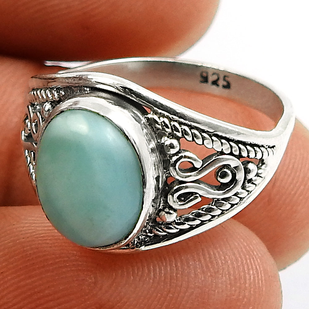 Natural Blue Ocean Larimar 925 Silver Decorated Ring Handmade Jewelry M1