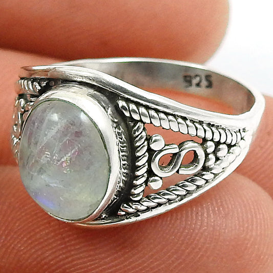 Natural Rainbow Moonstone Statement Ethnic Ring 925 Silver For Women S11